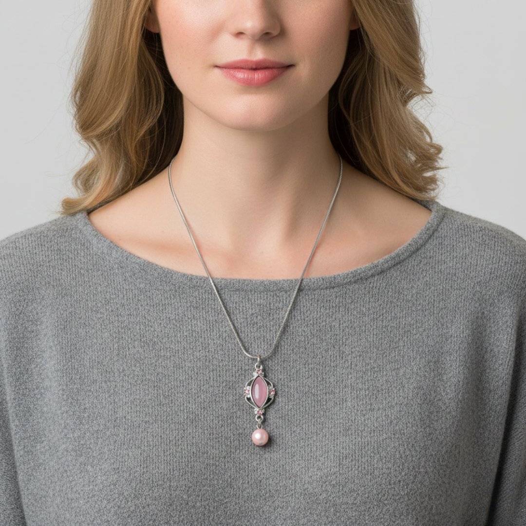 Woman wearing a silver necklace with a pink pendant against a neutral background