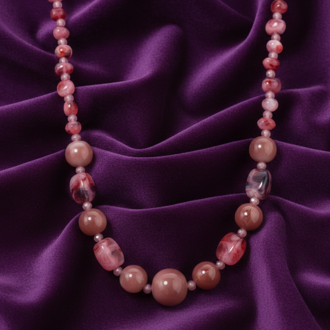 Necklace with pink and purple beads on a purple fabric background