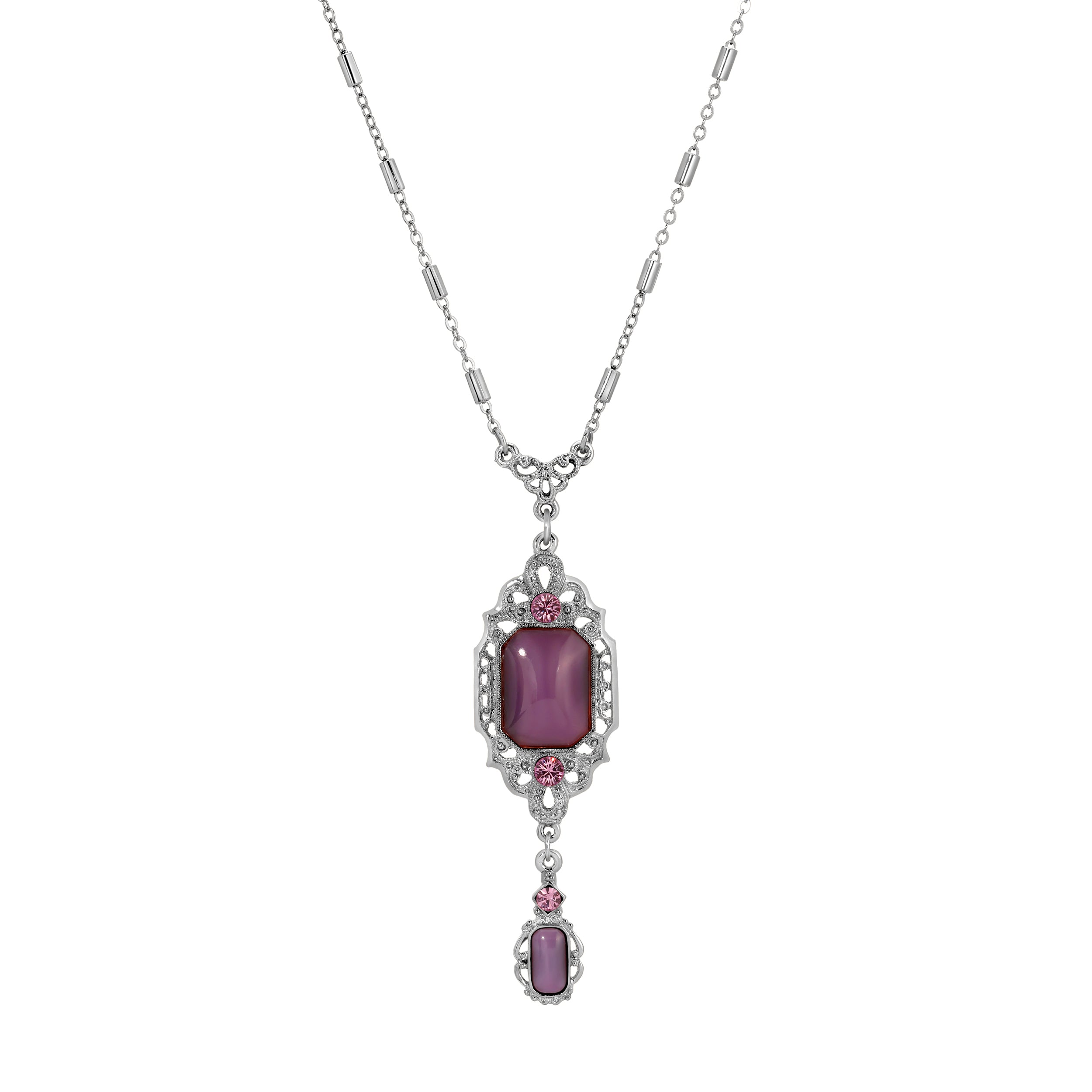 Silver Octagon Amethyst Glass Moonstone Pendant Necklace 24"