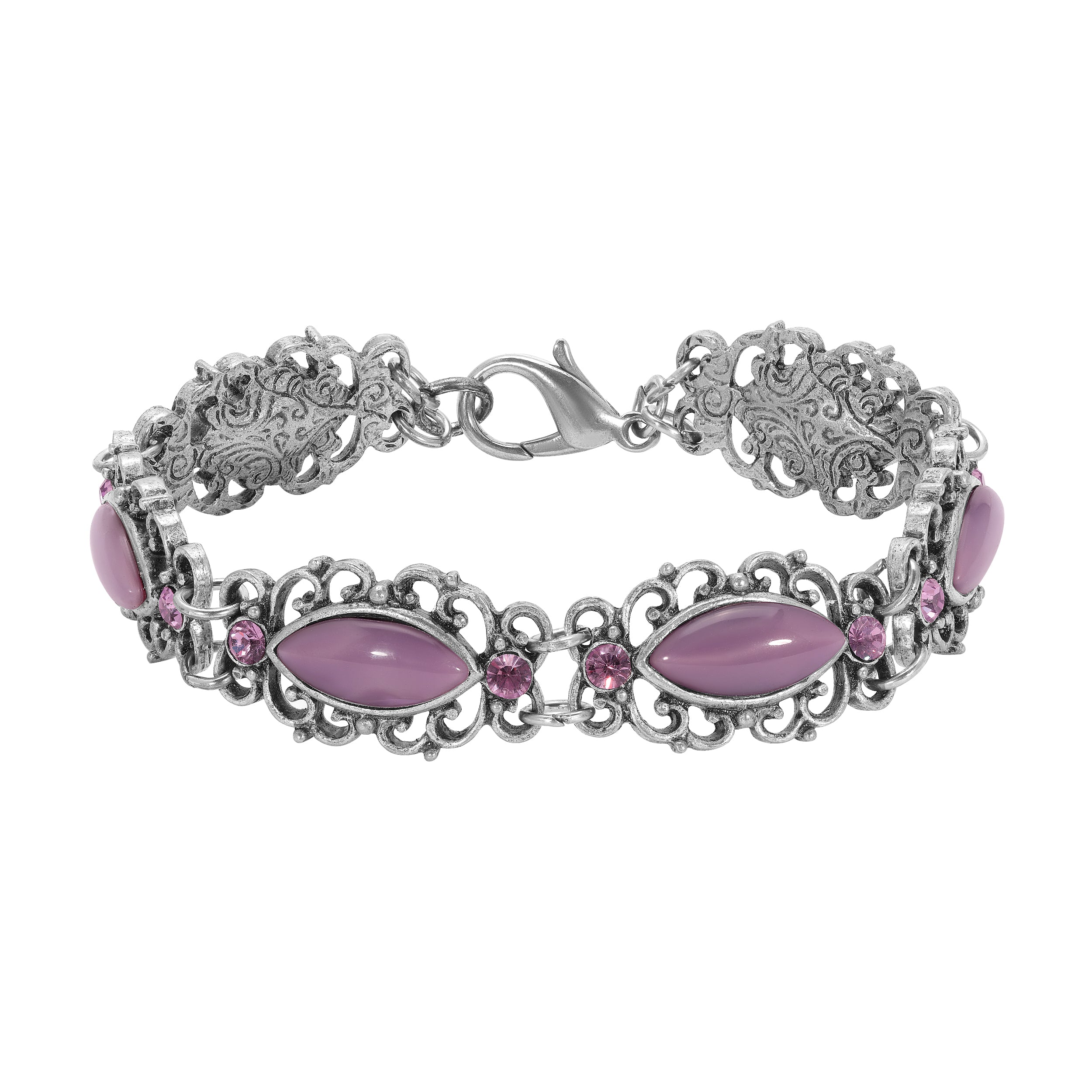 Silver Oval Amethyst Moonstone & European Glass Crystal Bracelet