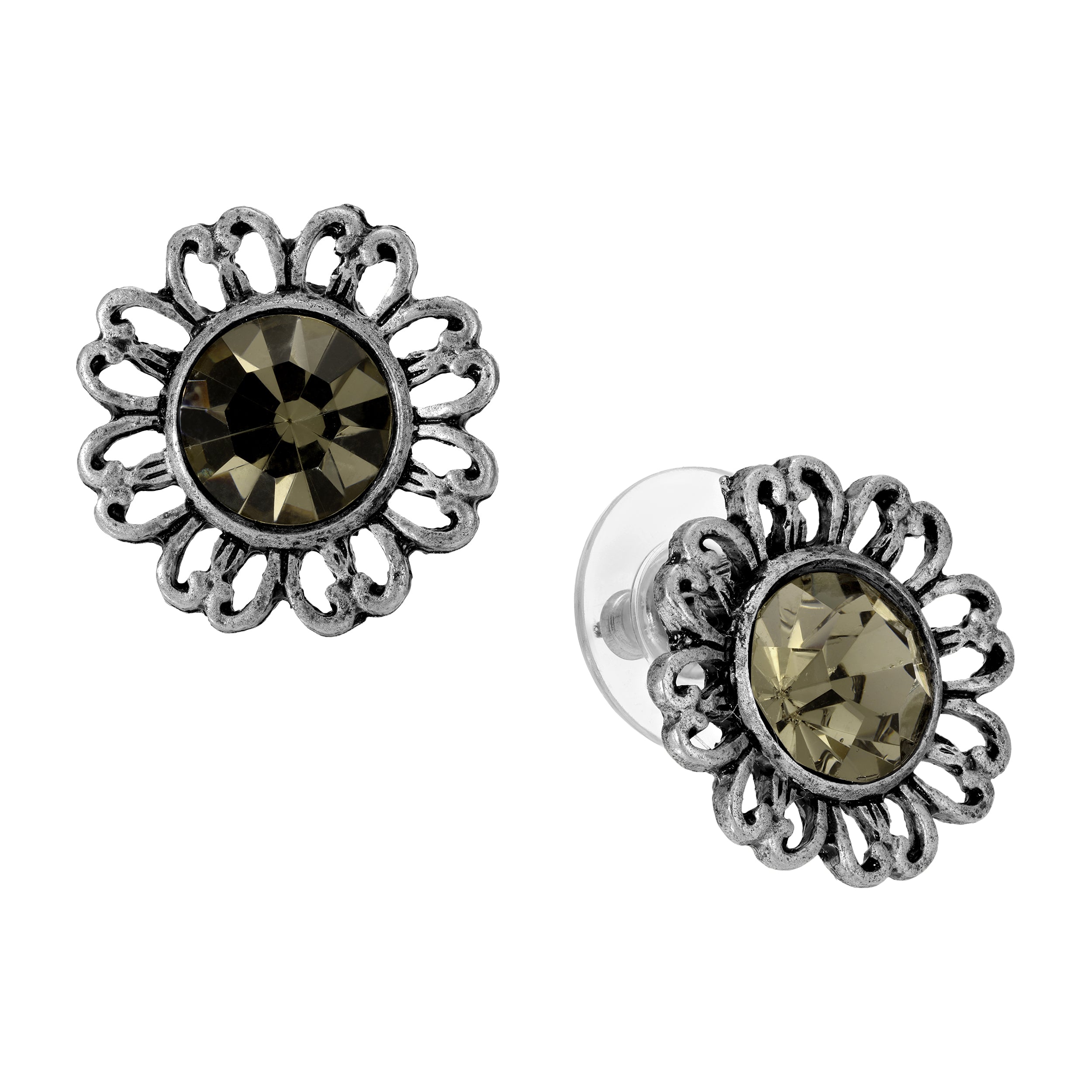 Floral Shaped Pewter & Colorful Black Crystal Post Stud Earrings