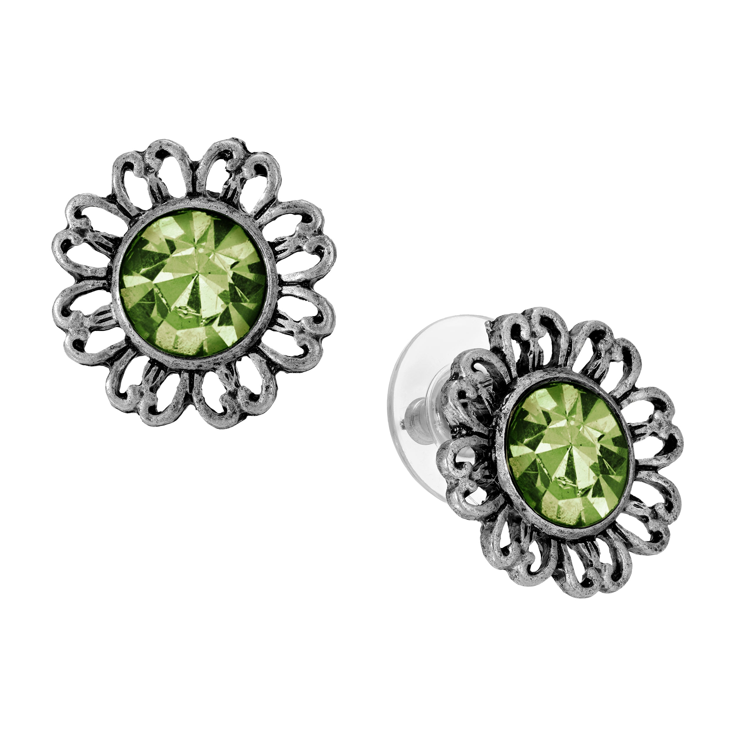 Floral Shaped Pewter & Colorful Light Green Crystal Post Stud Earrings