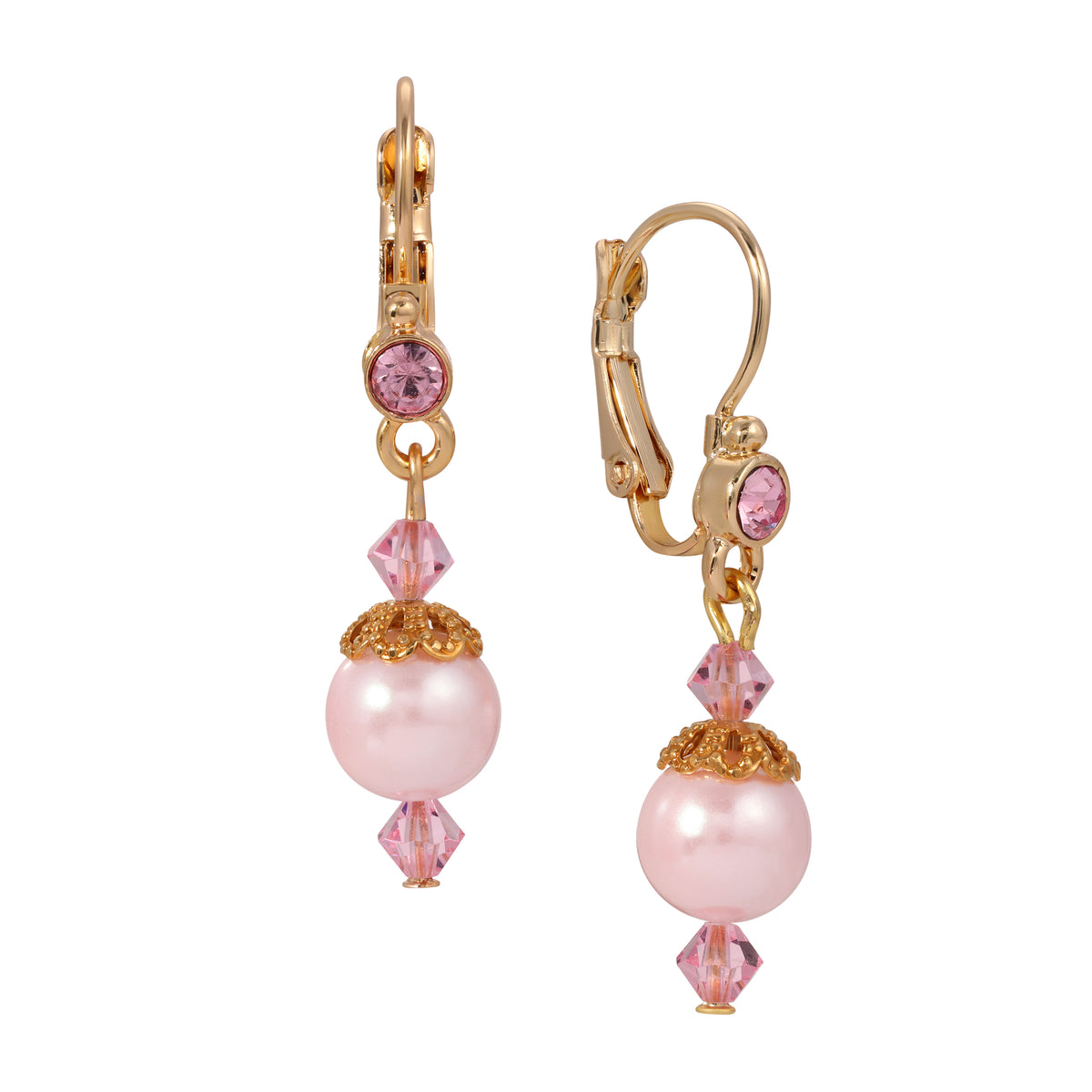 Round Pink Faux Pearl & Crystal Drop Earrings
