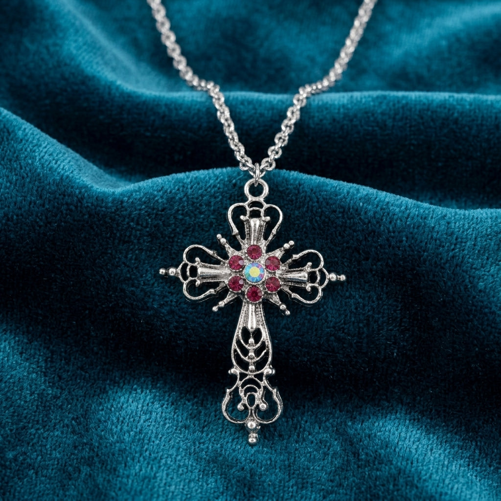 Silver tone cross necklace with purple crystals resting on blue fabric