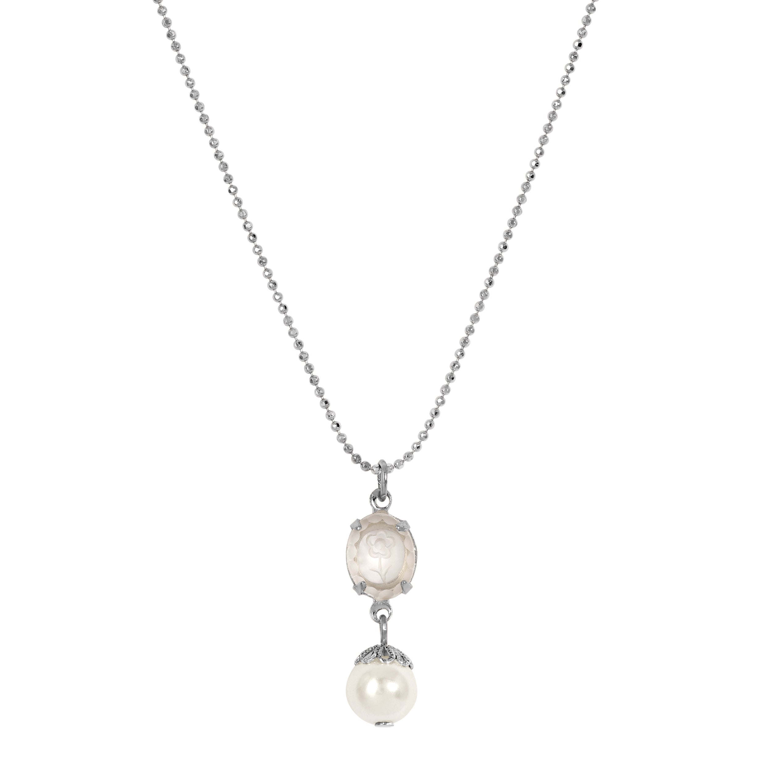Silver Tone Translucent Flower Engraved Stone & Faux Pearl Drop Pendant Necklace 16"