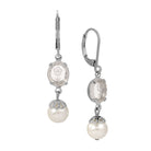 Silver Flower Engraved Crystal & Round Faux Pearl Drop Earrings