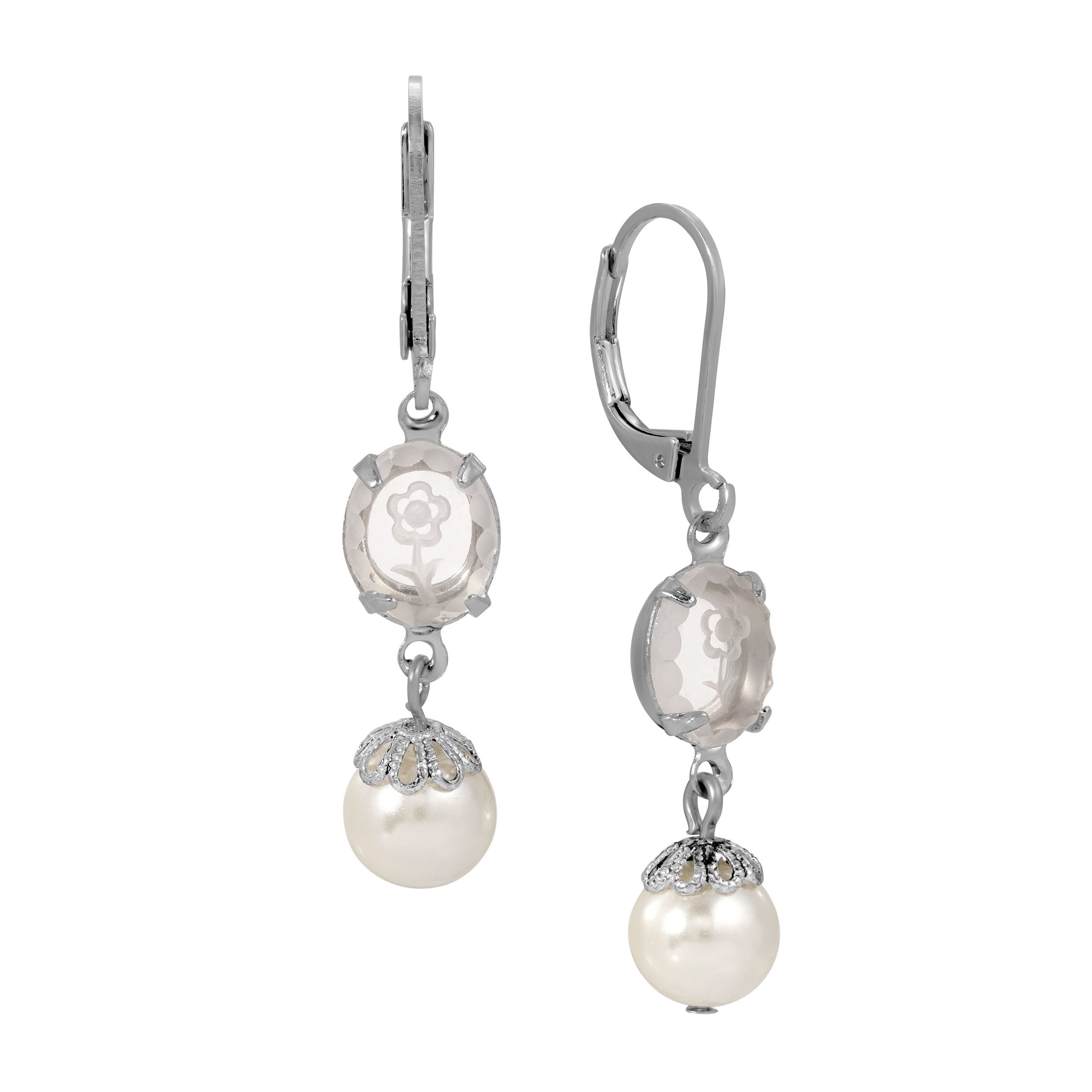 Silver Flower Engraved Crystal & Round Faux Pearl Drop Earrings