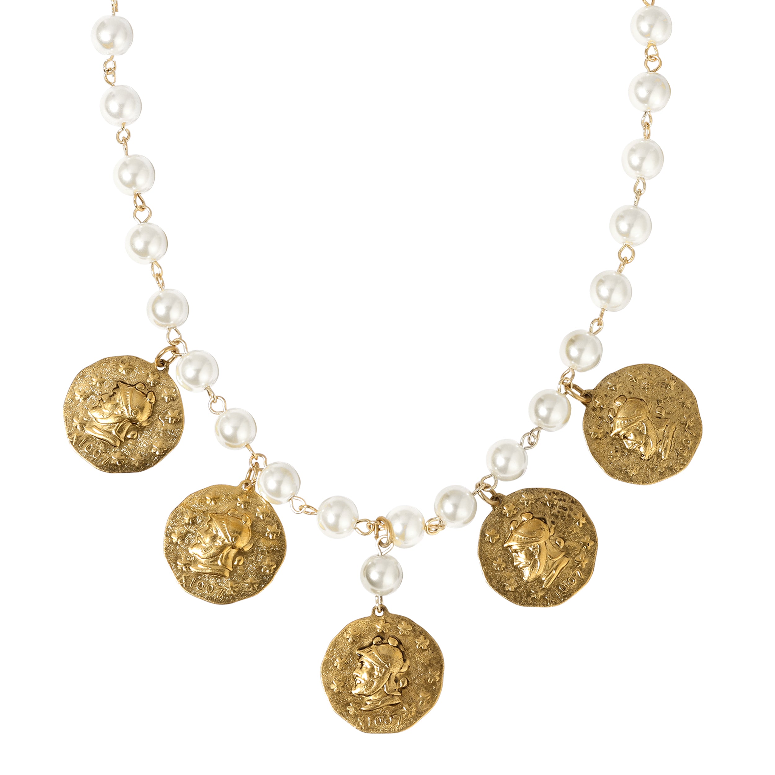 Vasco Núñez de Balboa Coin Faux Pearl Necklace 16