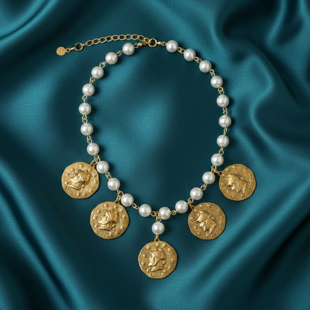 Necklace with gold coins and pearls on a blue satin background