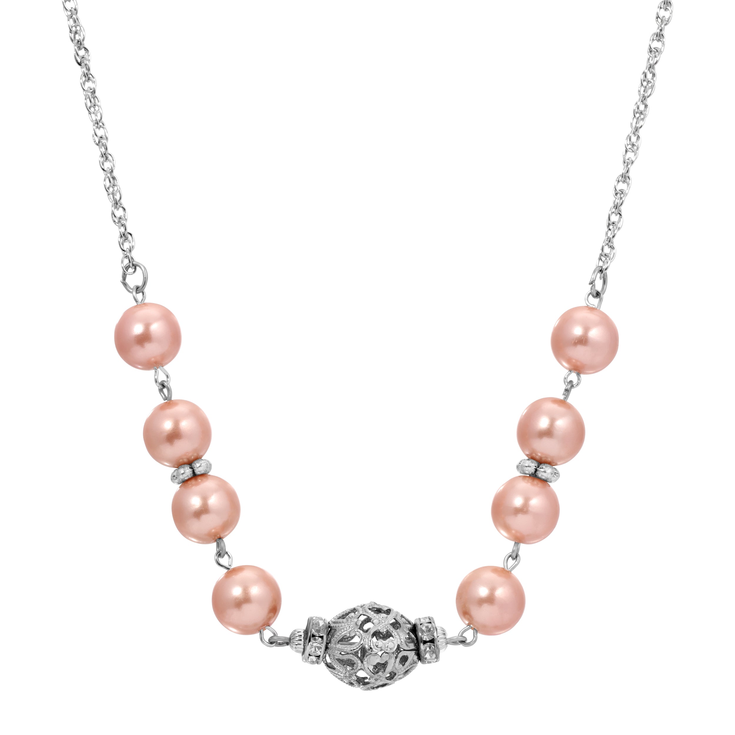 Round Rosabella Raspberry Faux Pearls & Silver Filigree Beaded Necklace 16" + 3" Extension