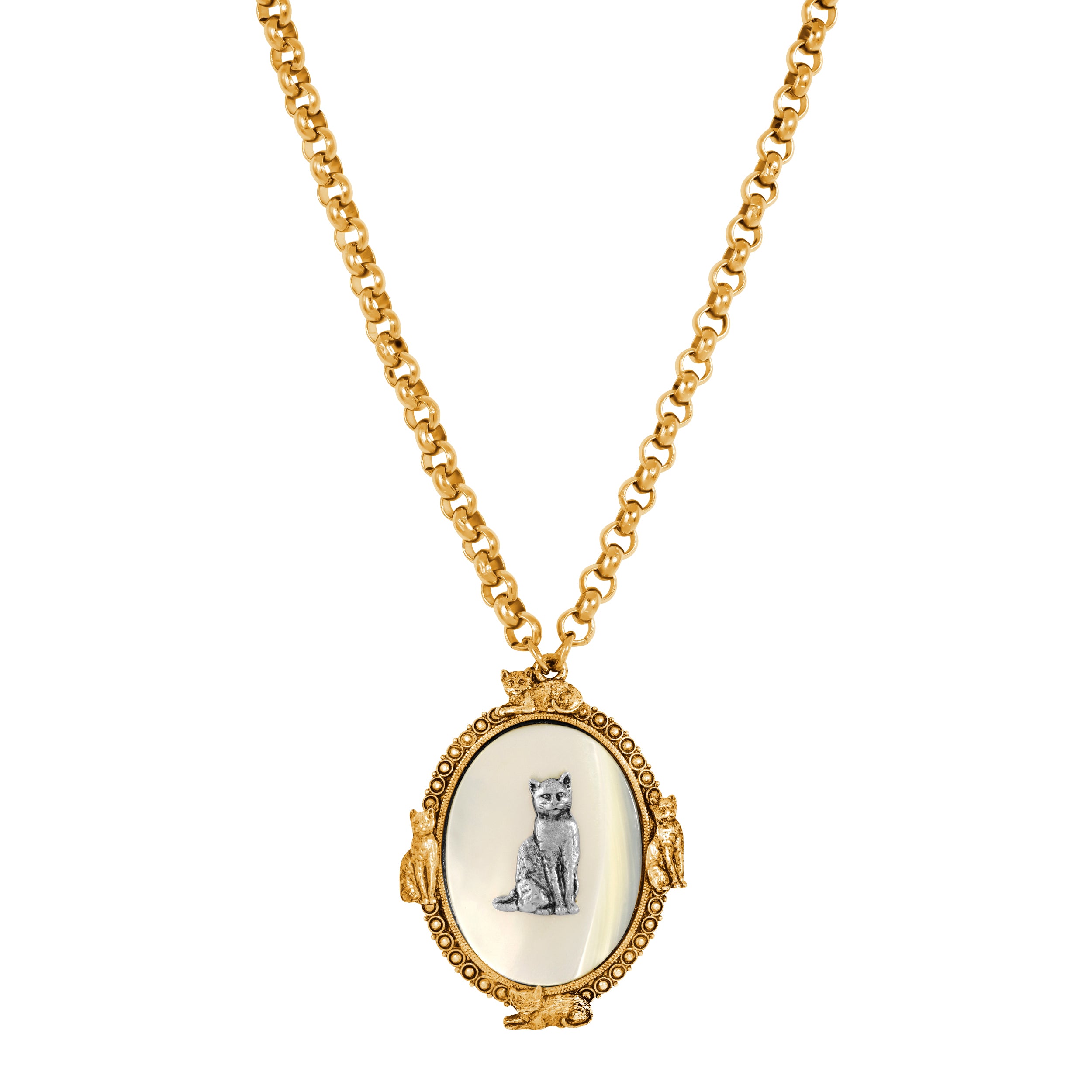 Gold Tone Oval Mother of Pearl Cat Medallion Pendant Necklace 28"