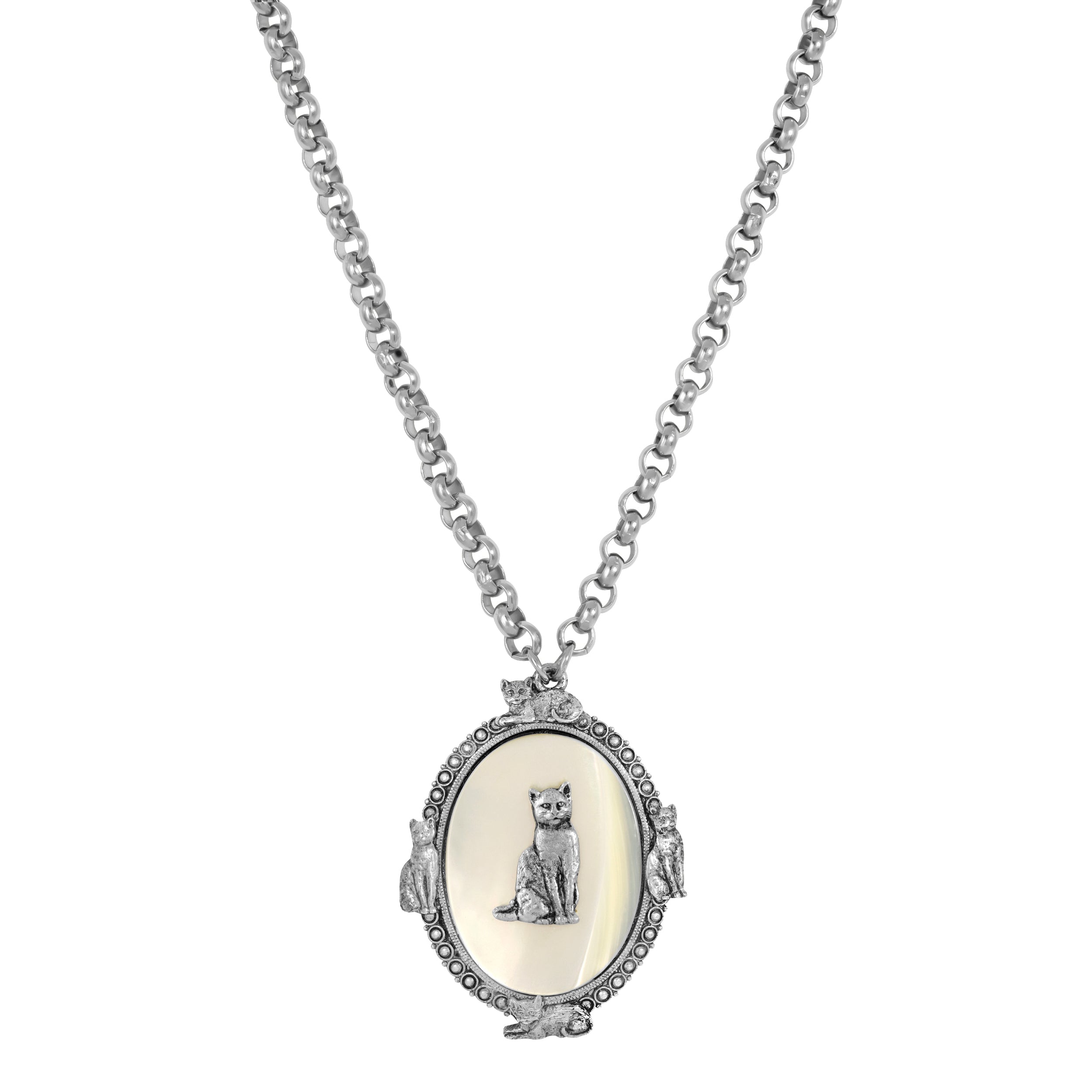 Silver Tone Oval Mother of Pearl Cat Medallion Pendant Necklace 28"