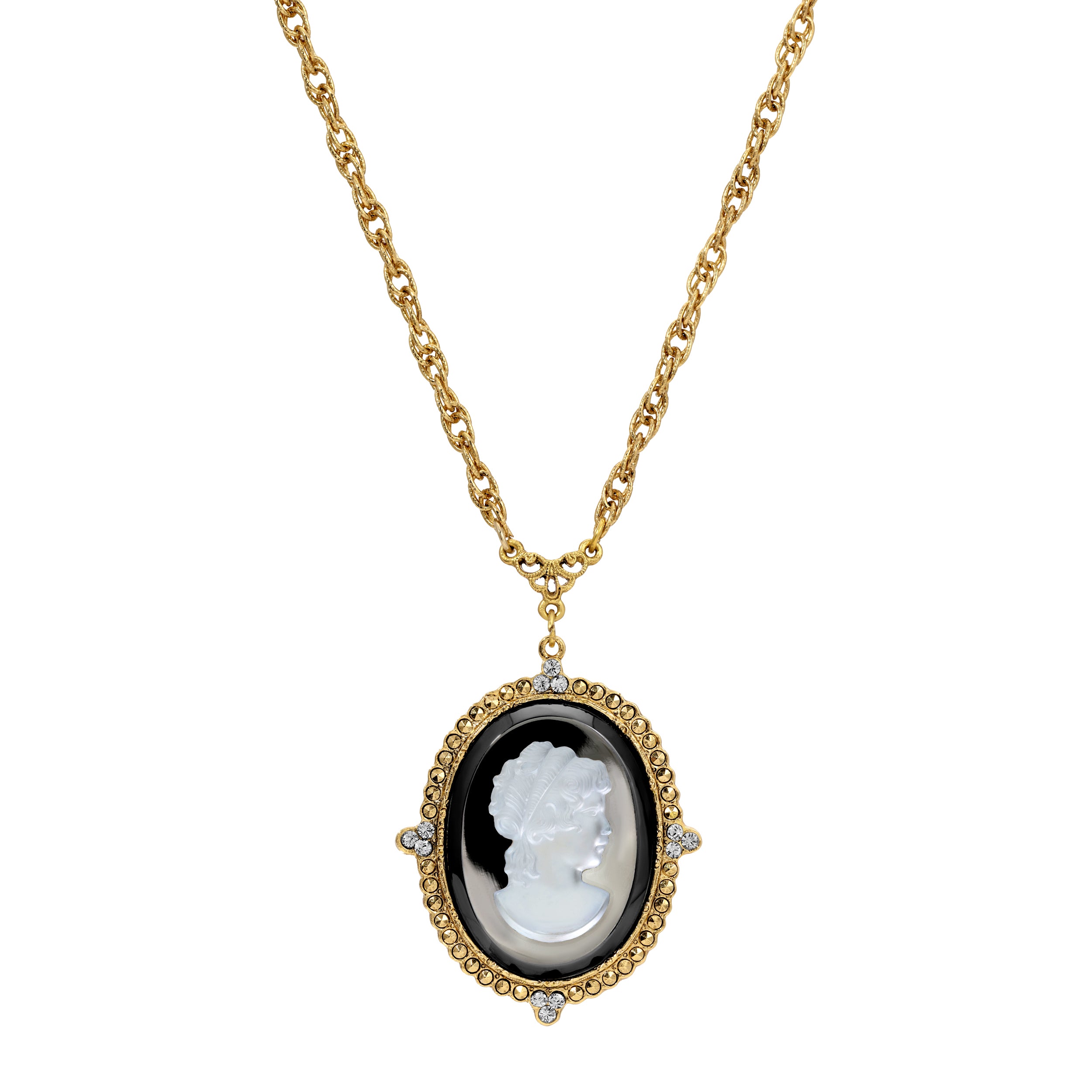 Oval Frost Cameo & Hematite European Glass Stone Pendant Necklace 28"