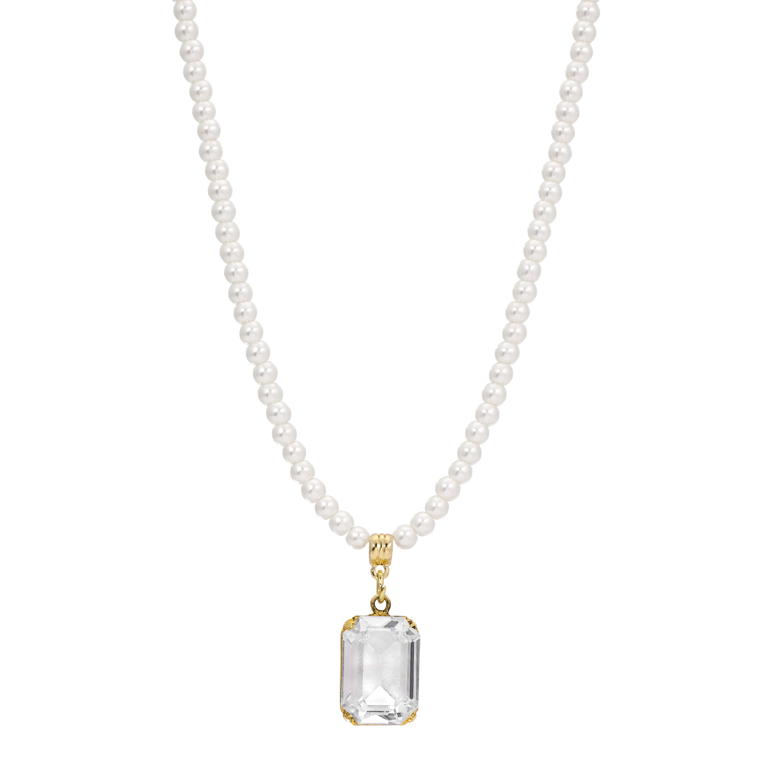 Octagon Crystal & Round Faux Pearl Beaded Strand Pendant Necklace 15" + 3" Extension