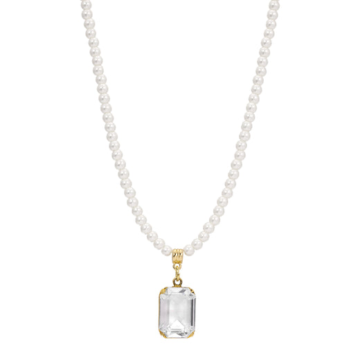 Octagon Crystal & Round Faux Pearl Beaded Strand Pendant Necklace 15" + 3" Extension