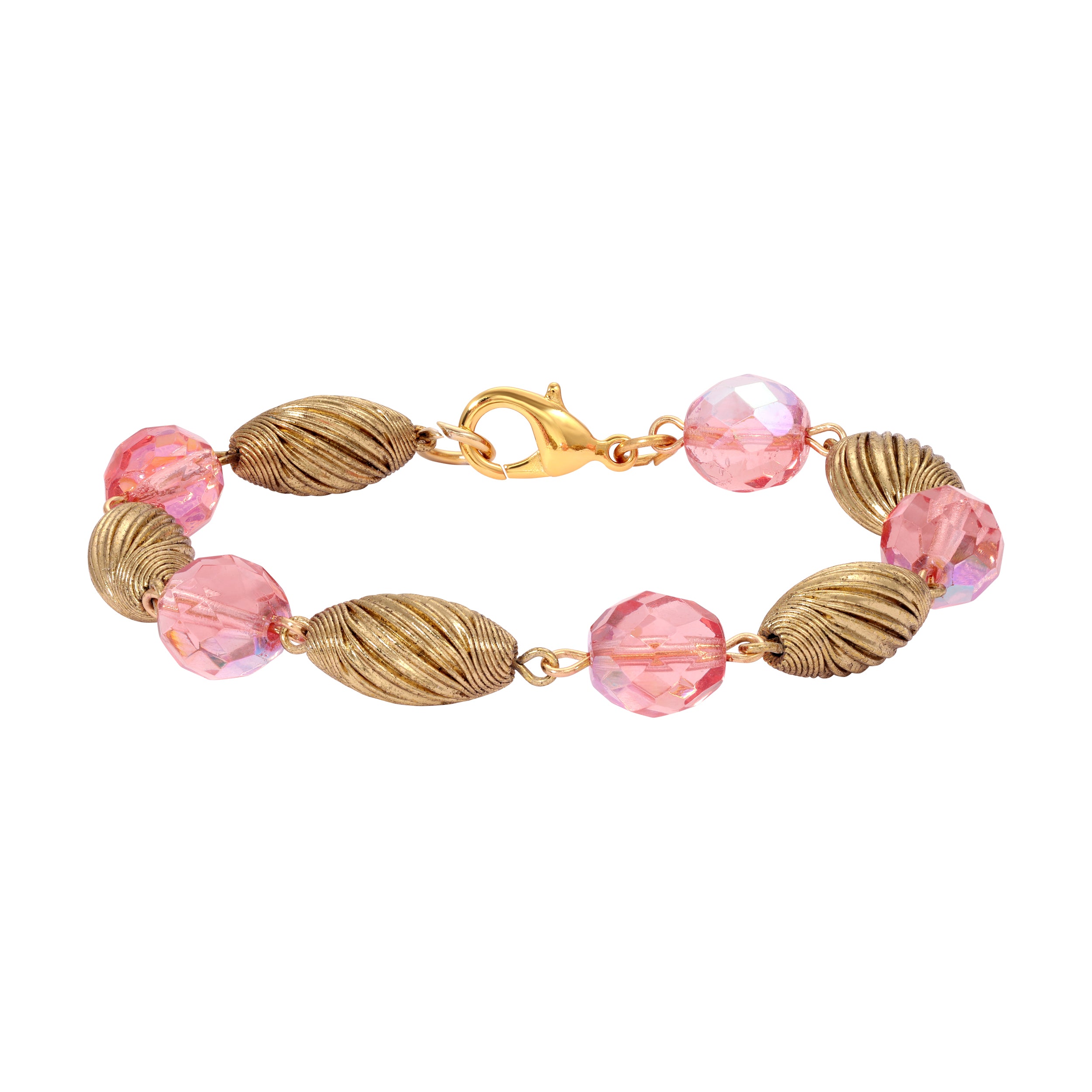 Light Rose Pink AB Crystal & Gold Corrugated Bead Bracelet