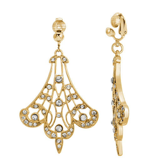 Crystal Fan Gold Tone Filigree Drop Clip On Earrings