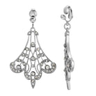 Crystal Fan Silver Tone Filigree Drop Clip On Earrings