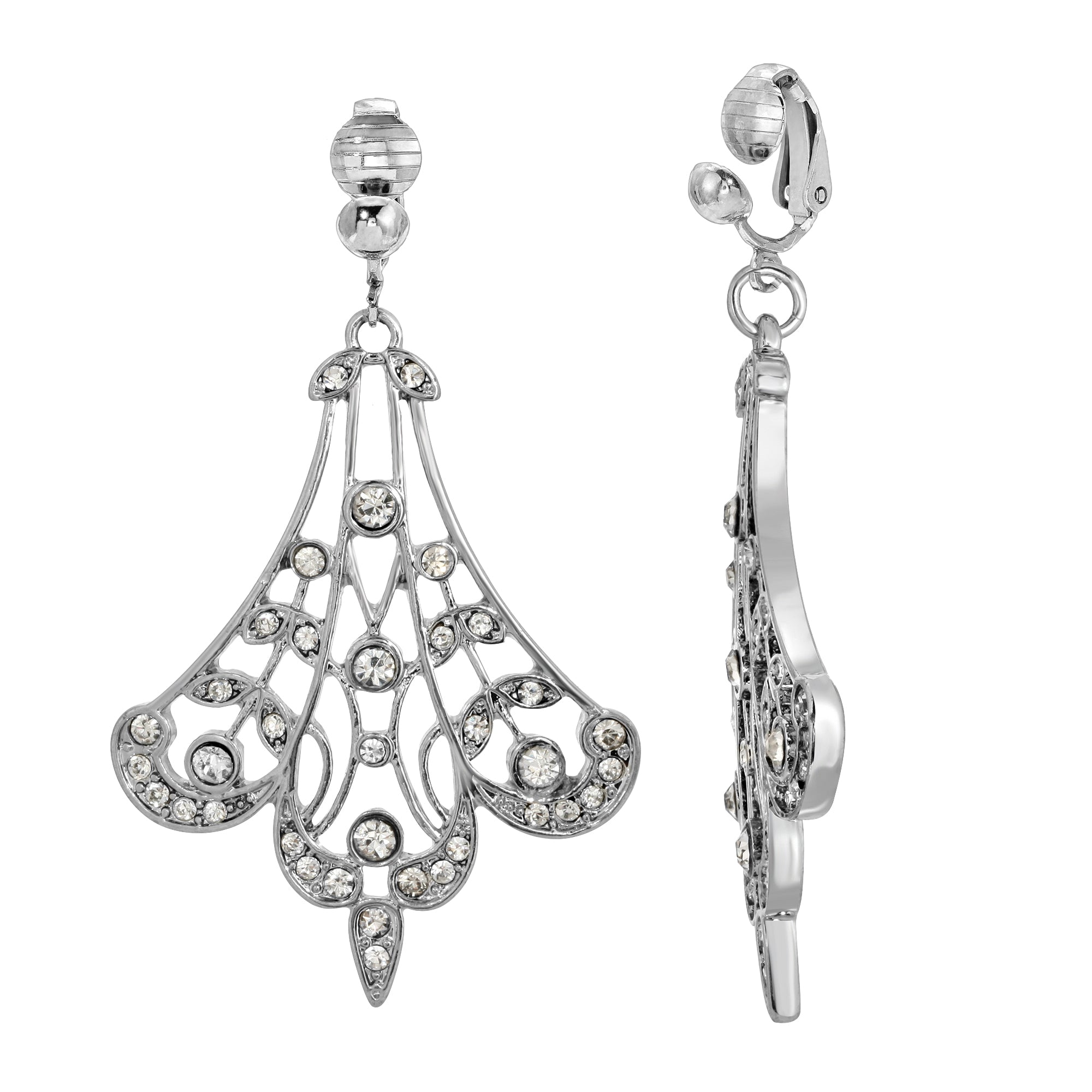Crystal Fan Silver Tone Filigree Drop Clip On Earrings