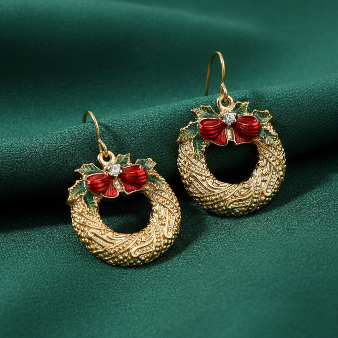 Gold wreath earrings with red bows on a green background