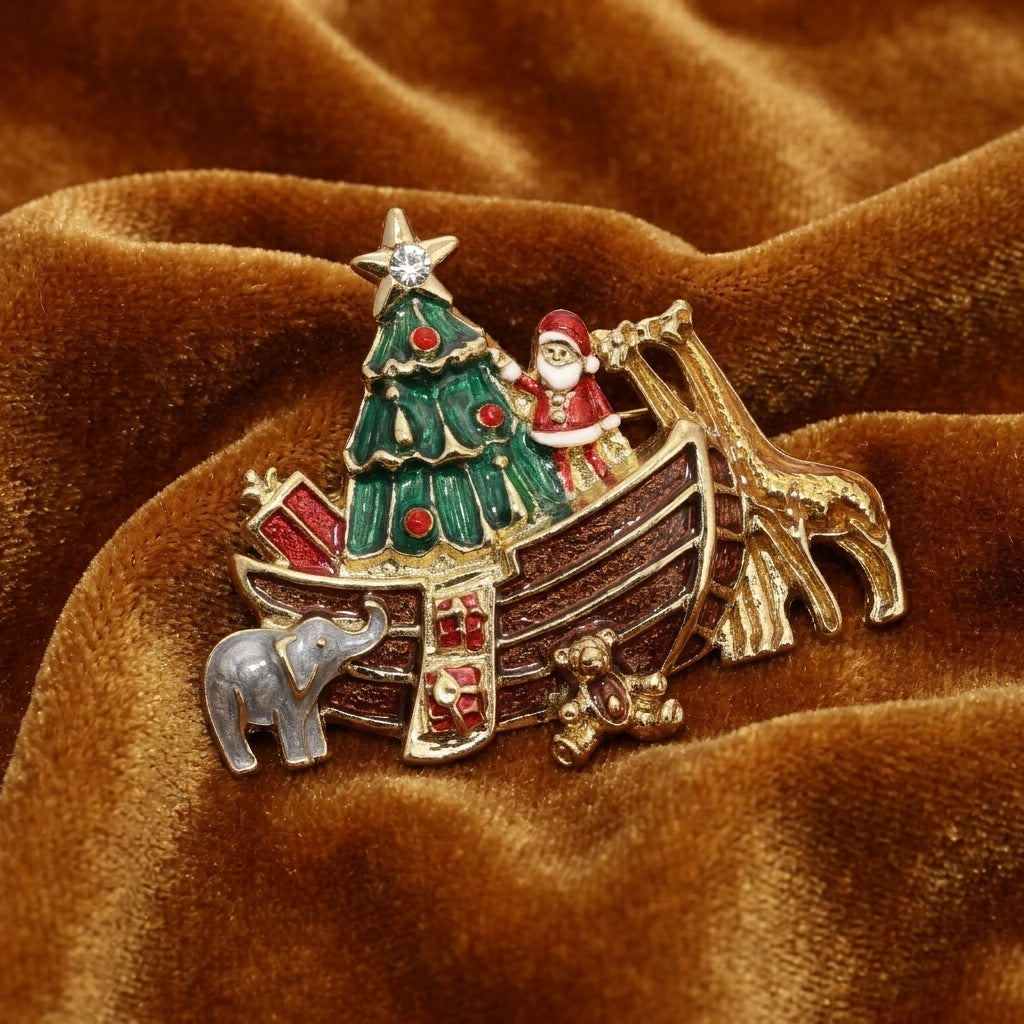 Christmas-themed brooch with Santa, tree, and presents on a brown velvet background
