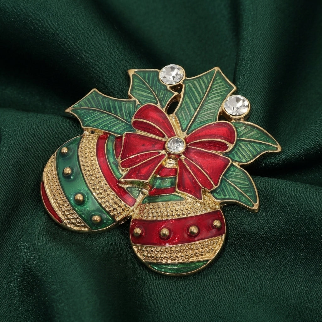Decorative brooch with red bow, green leaves, and gold accents on a dark green fabric background