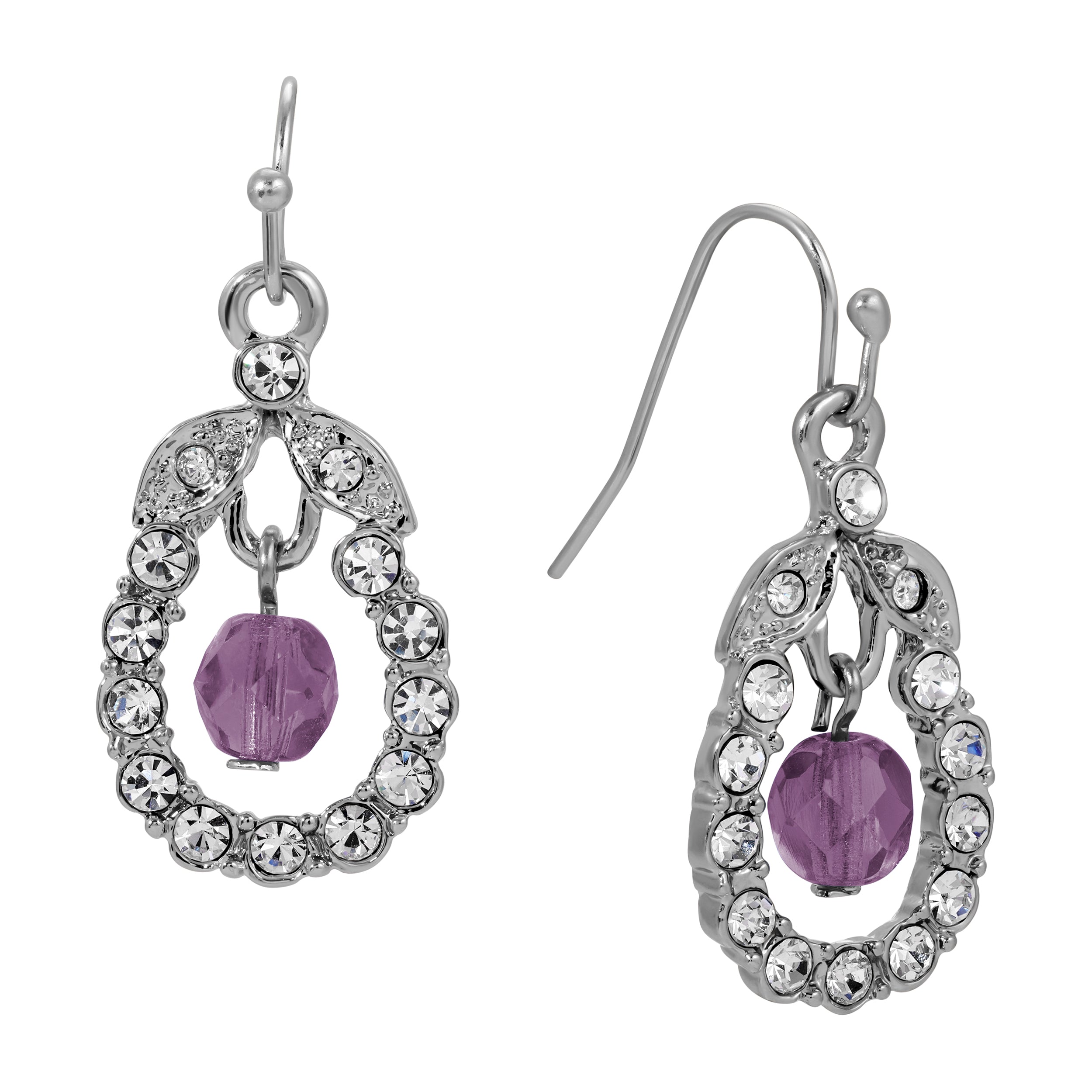 Silver & Crystal Loop Amethyst Bead Drop Earrings