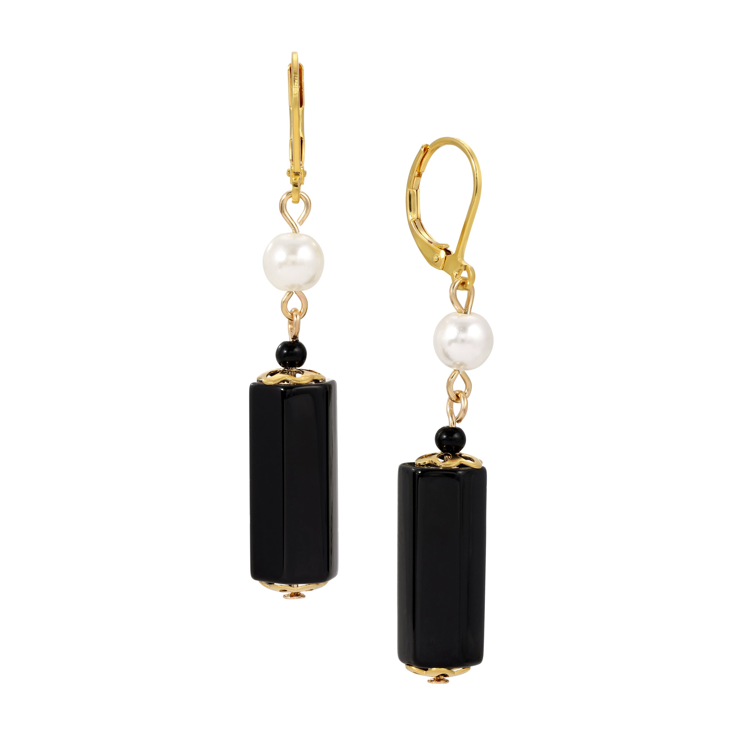 Onyx Gold Tone Faux Pearl Gemstone Dangling Earrings