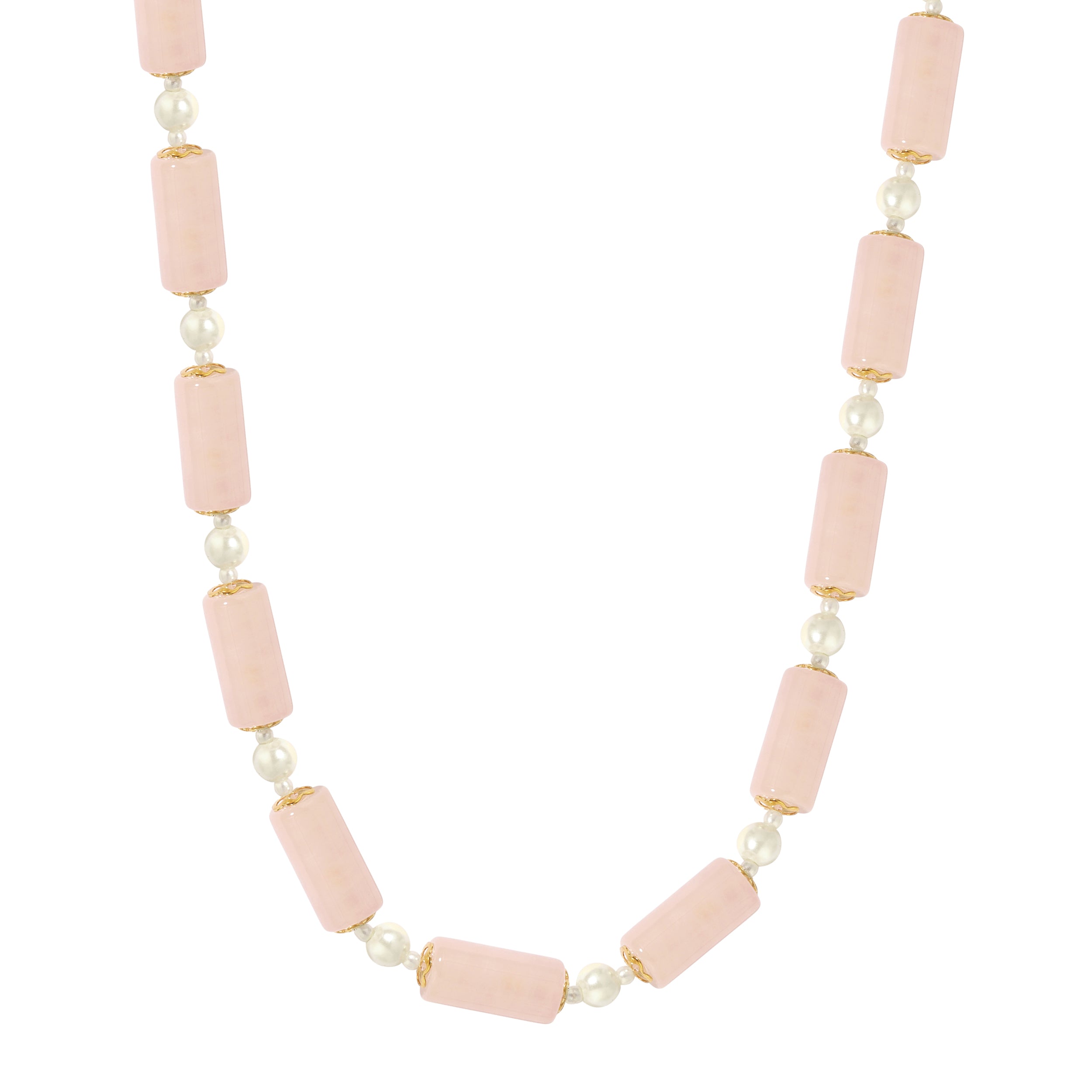 Faux Pearl & Semi-Precious Gemstone Cylinder Tube Link Necklace 15