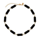 Faux Pearl Black Onyx Gemstone Link Necklace 15" laying flat