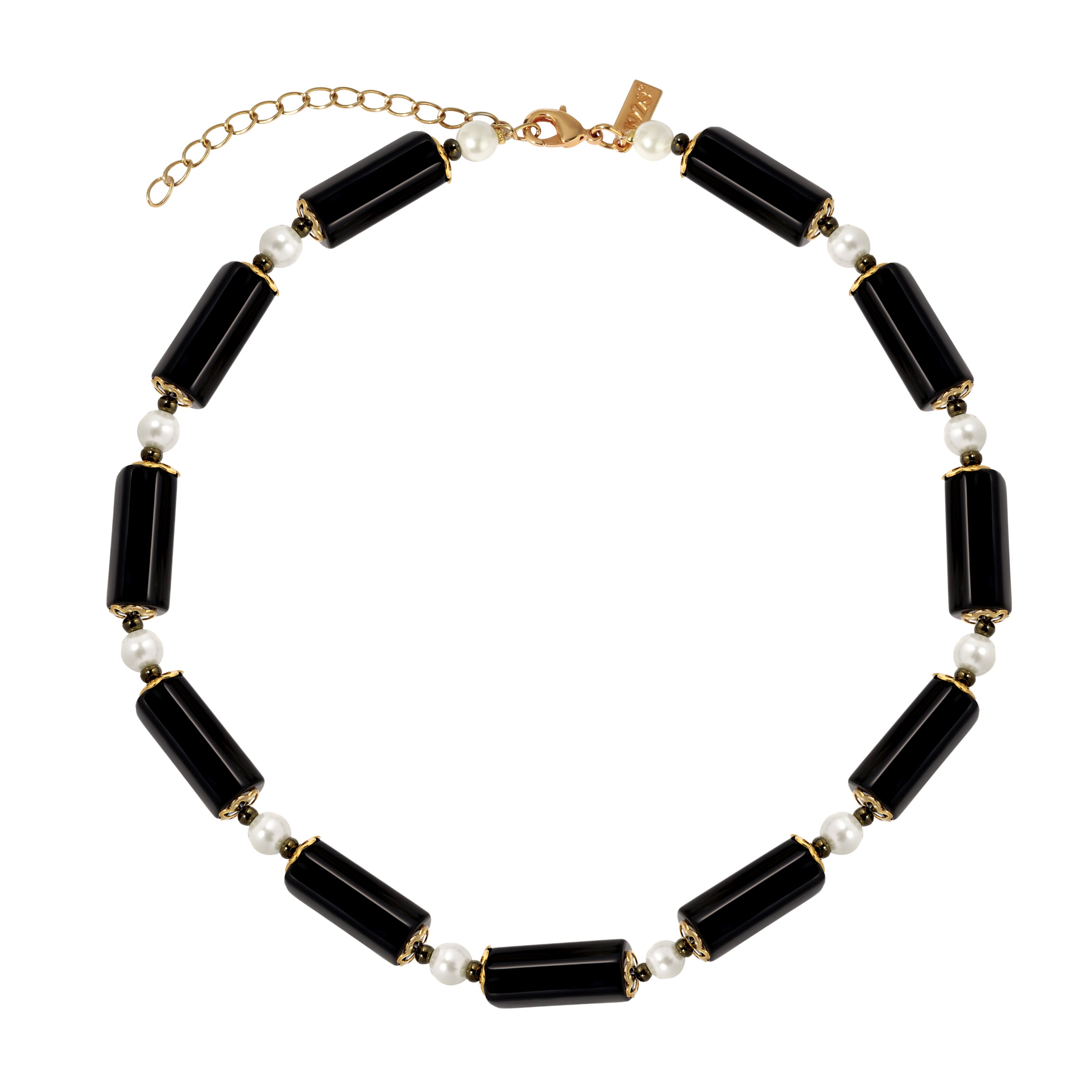 Faux Pearl Black Onyx Gemstone Link Necklace 15" laying flat