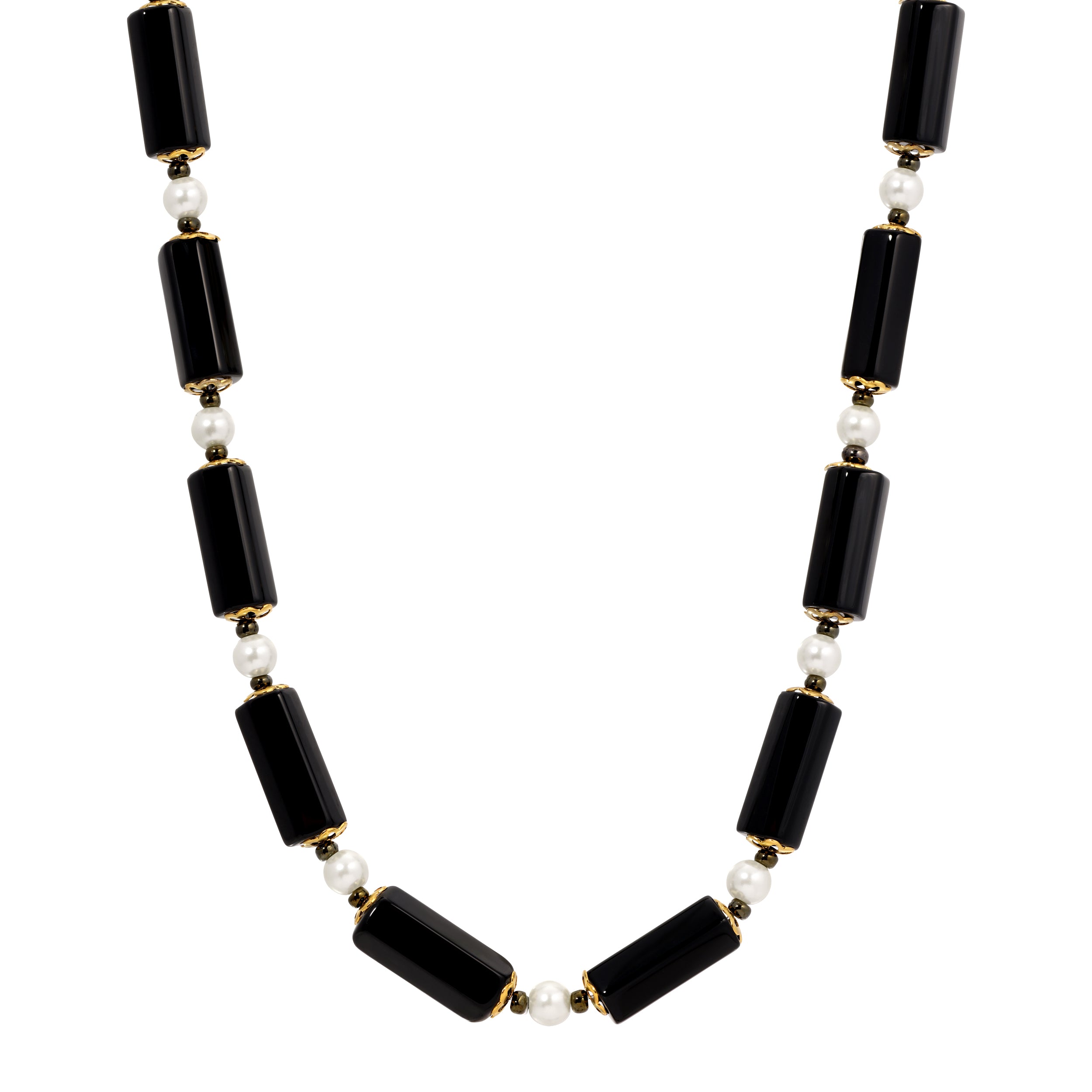 Faux Pearl Black Onyx Gemstone Link Necklace 15"