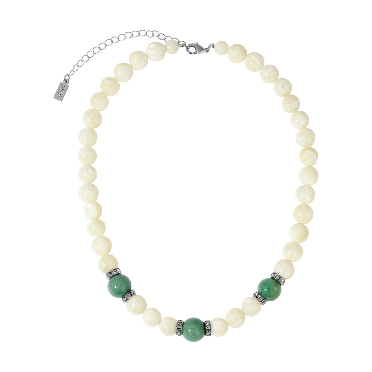 Green Aventurine & Imitation Mother of Pearl Beaded Strand Necklace 16" + 3" Extension