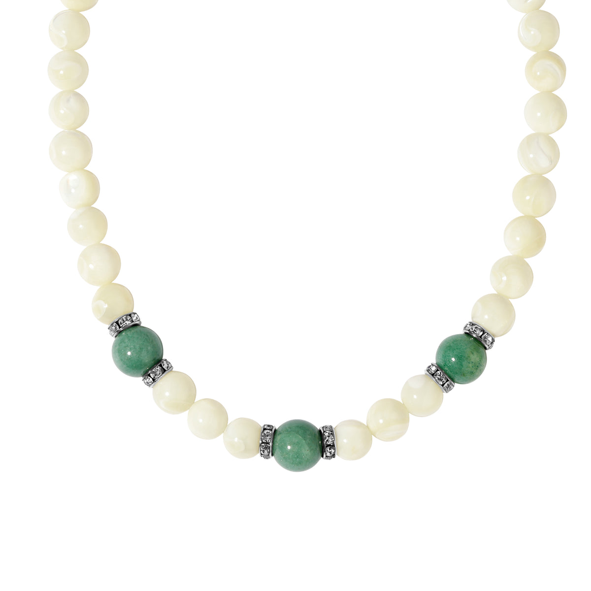 Close up shot of a Green Aventurine & Imitation Mother of Pearl Beaded Strand Necklace 16" + 3" Extension