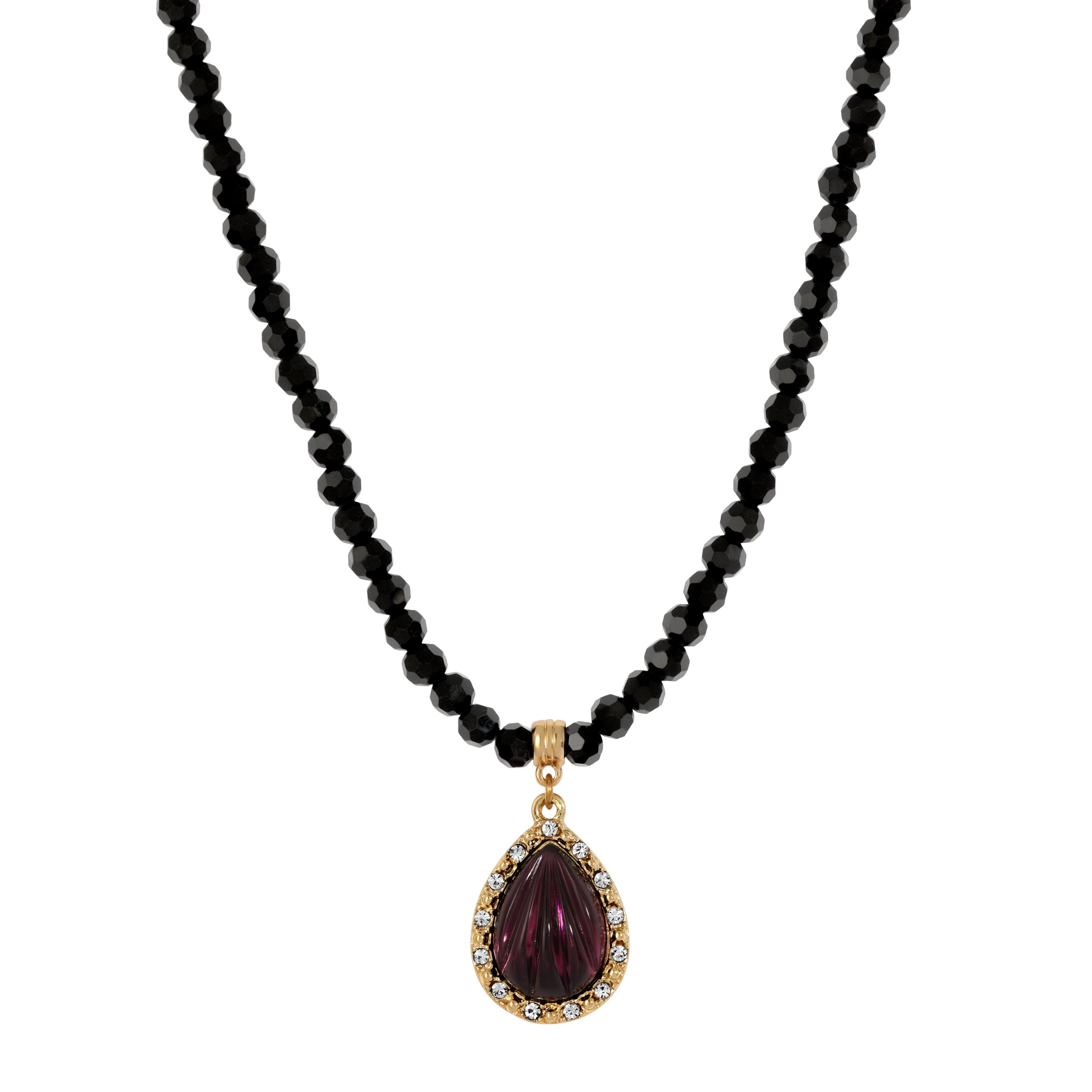 Black Faux Pearl Strand Lux Crystal Teardrop Pendant Necklace 15" + 3" Extension 