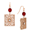 Rose Gold Square Filigree Red Fire Polished Glass Crystal Drop & Dangle Earrings