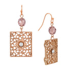 Rose Gold Square Filigree Purple Fire Polished Glass Crystal Drop & Dangle Earrings
