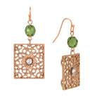 Rose Gold Square Filigree Green Fire Polished Glass Crystal Drop & Dangle Earrings
