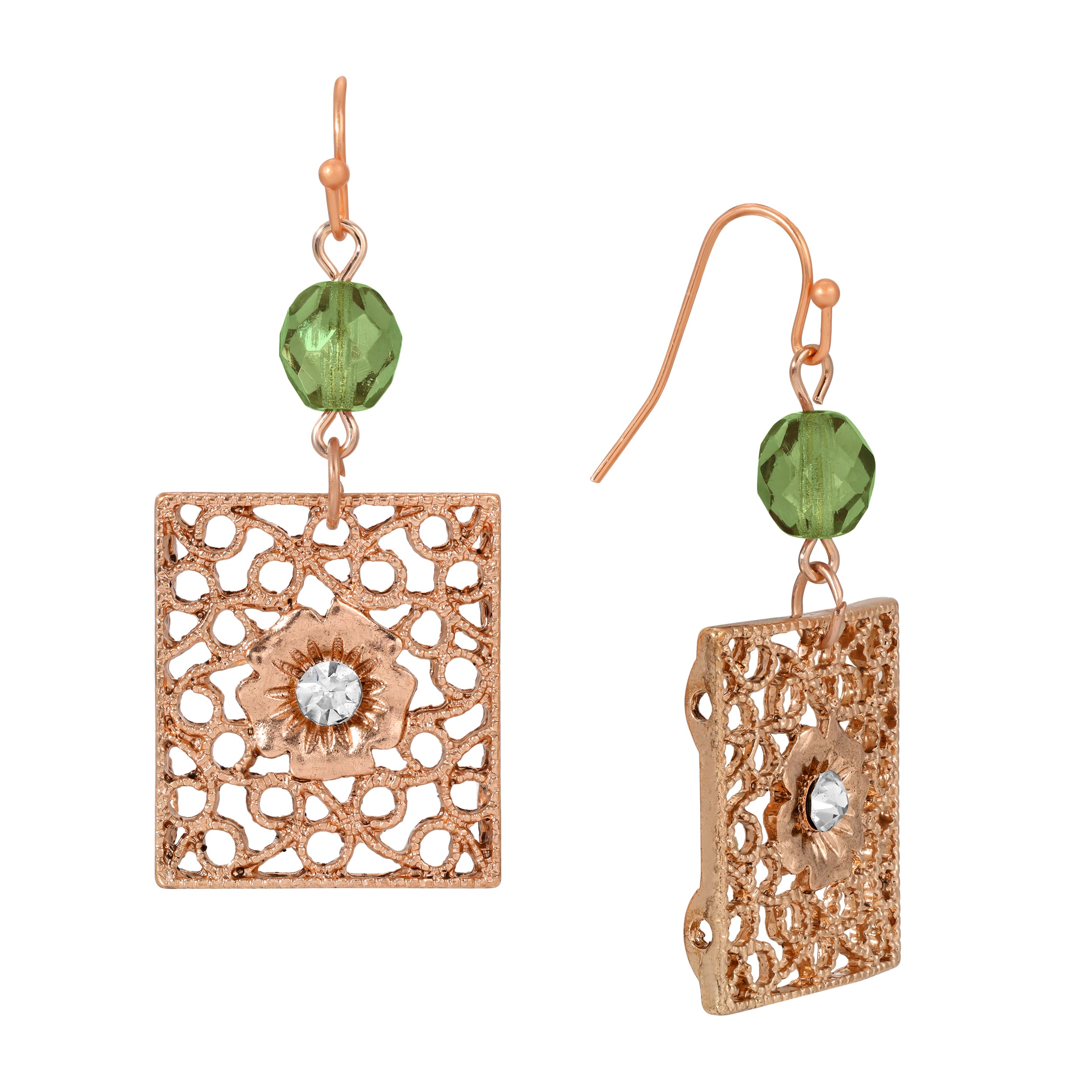 Rose Gold Square Filigree Green Fire Polished Glass Crystal Drop & Dangle Earrings