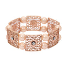 Rose Gold Square Floral Filigree & Smooth Round Champagne Faux Pearl Bead Stretch Bracelet