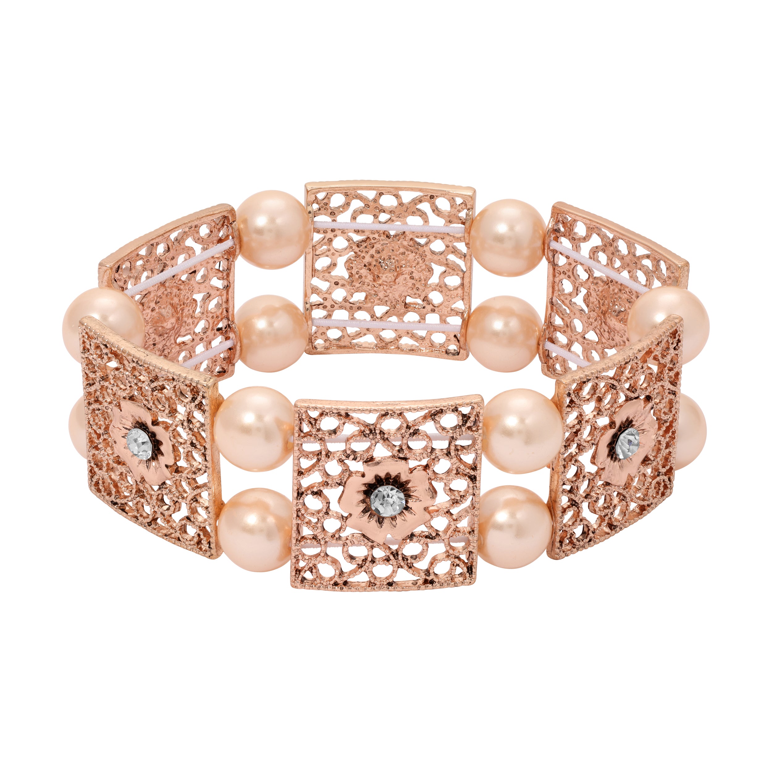 Rose Gold Square Floral Filigree & Smooth Round Champagne Faux Pearl Bead Stretch Bracelet