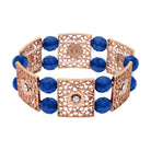 Rose Gold Square Floral Filigree & Fire Polished Sapphire Blue Glass Bead Stretch Bracelet