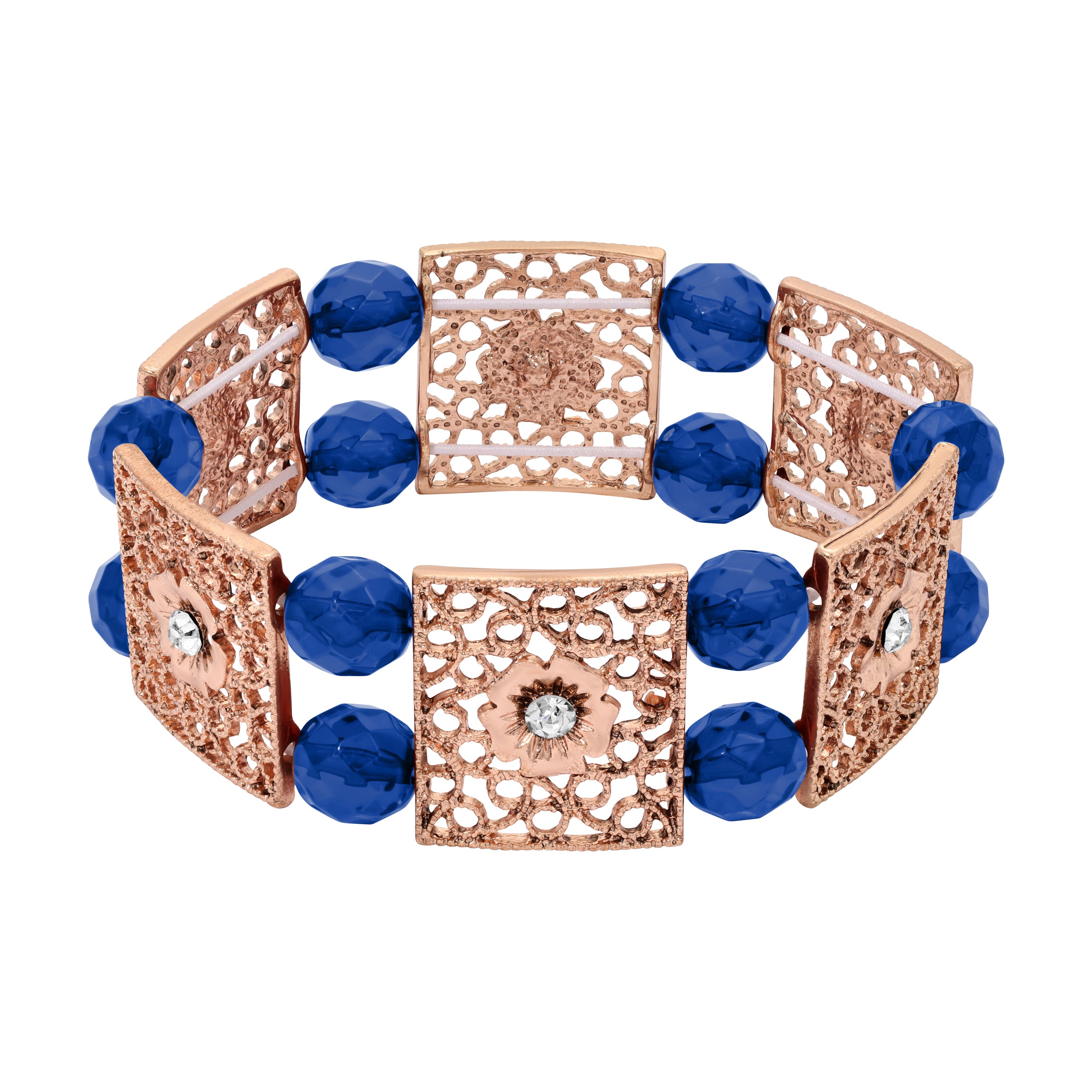 Rose Gold Square Floral Filigree & Fire Polished Sapphire Blue Glass Bead Stretch Bracelet