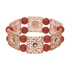 Rose Gold Square Floral Filigree & Smooth Round Red Bead Stretch Bracelet