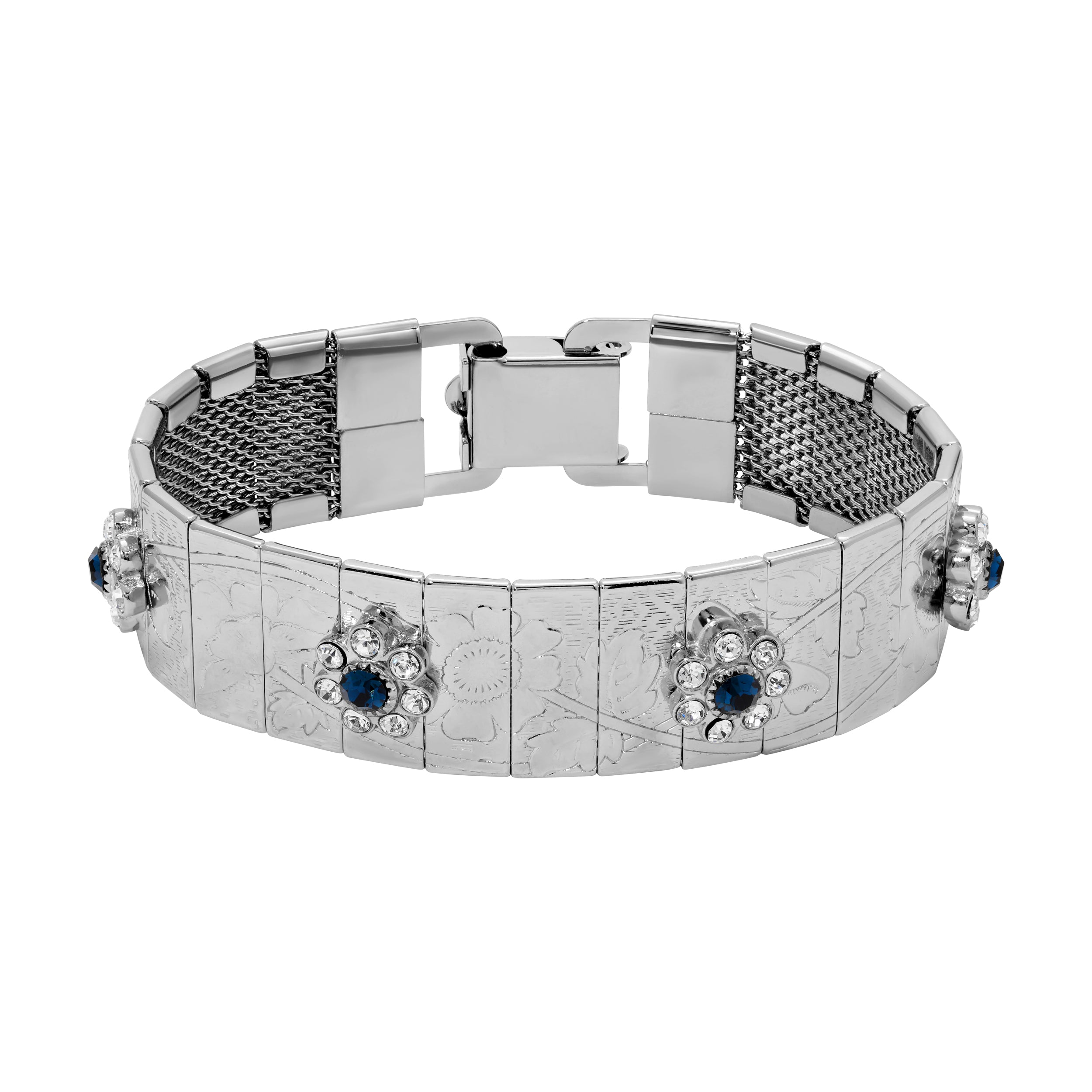 Silver tone Etched Floral Montana Blue Crystal Link Bracelet