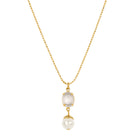 Gold Tone Translucent Flower Engraved Stone & Faux Pearl Drop Pendant Necklace 16"