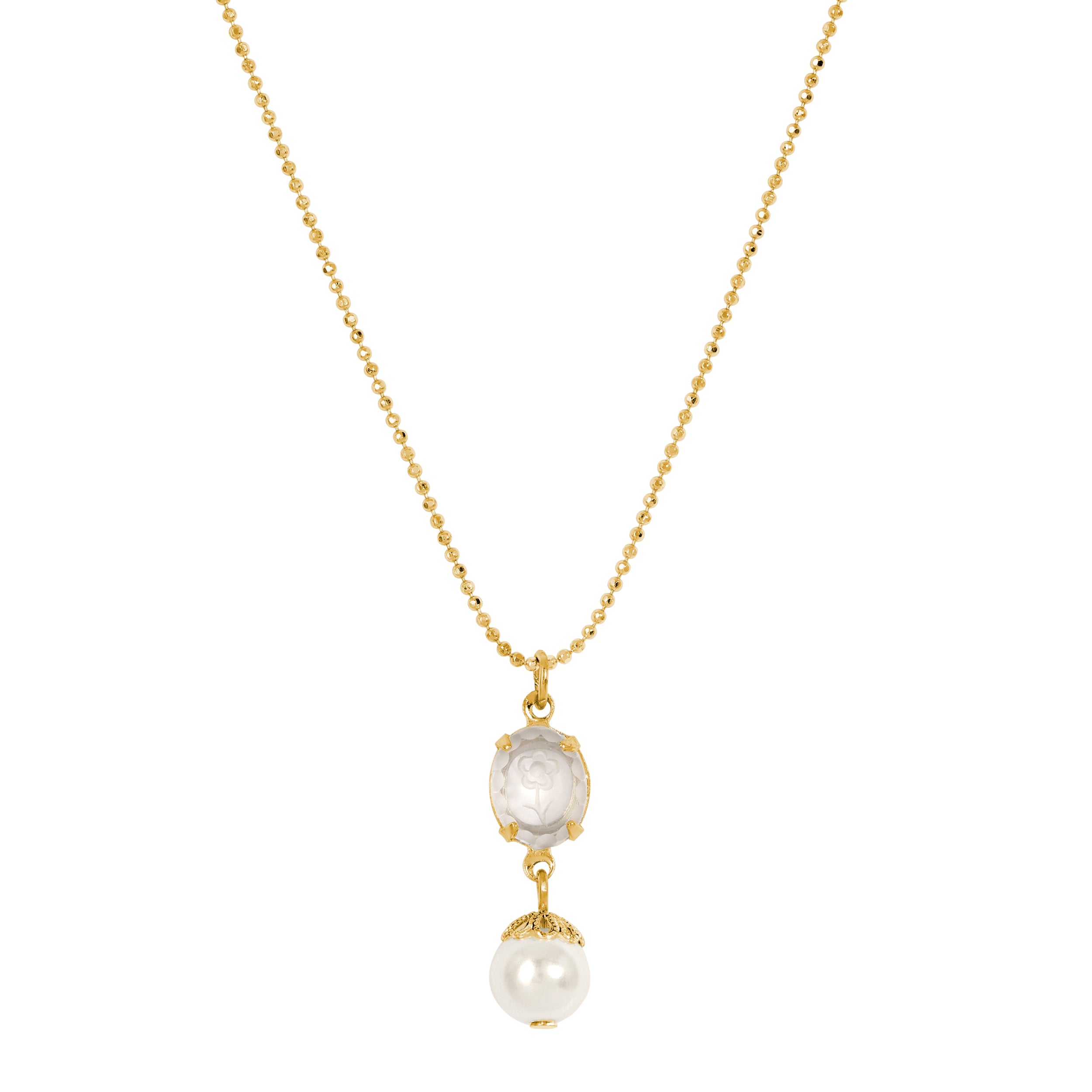 Gold Tone Translucent Flower Engraved Stone & Faux Pearl Drop Pendant Necklace 16"