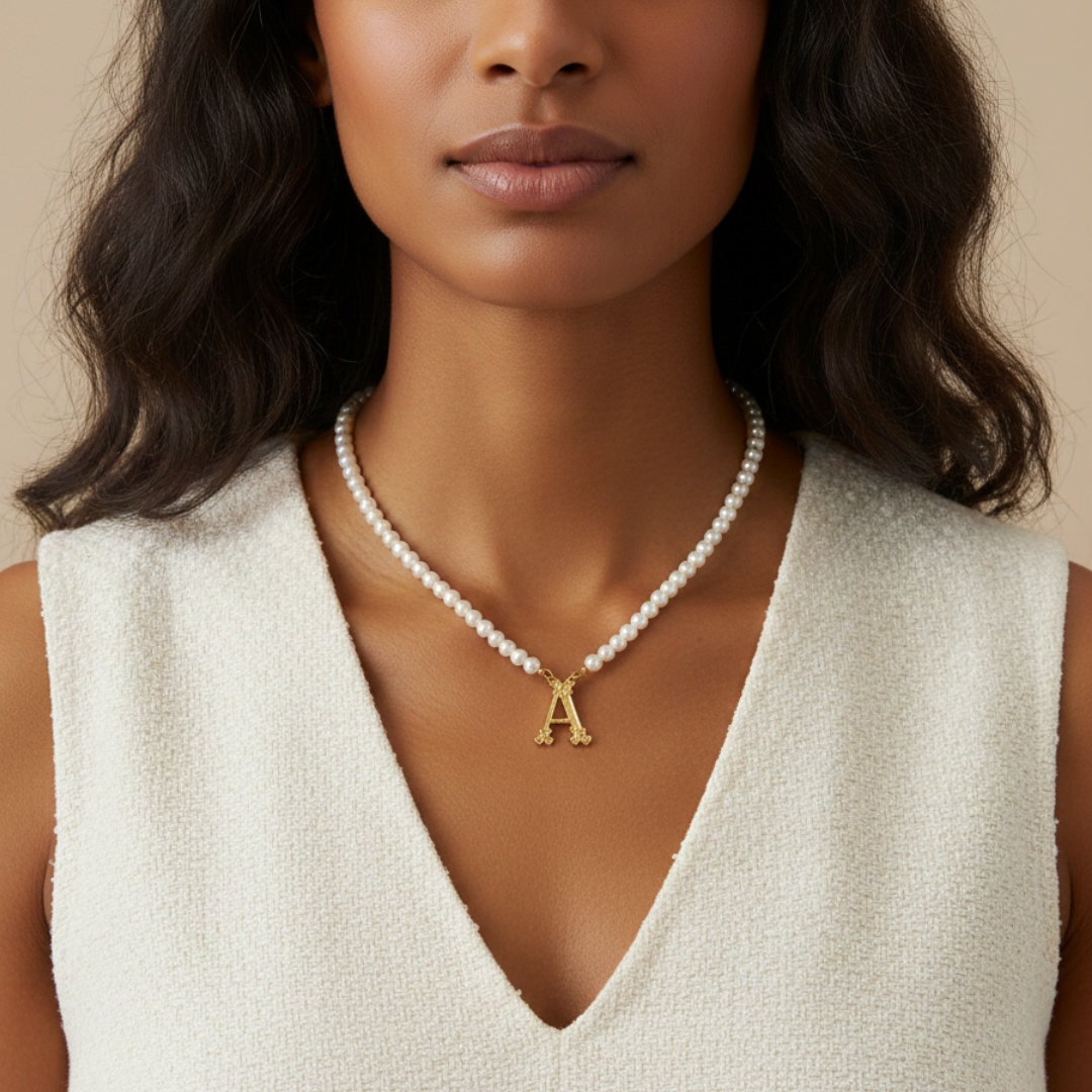 Woman wearing a pearl necklace with a gold pendant featuring the letter 'A'.