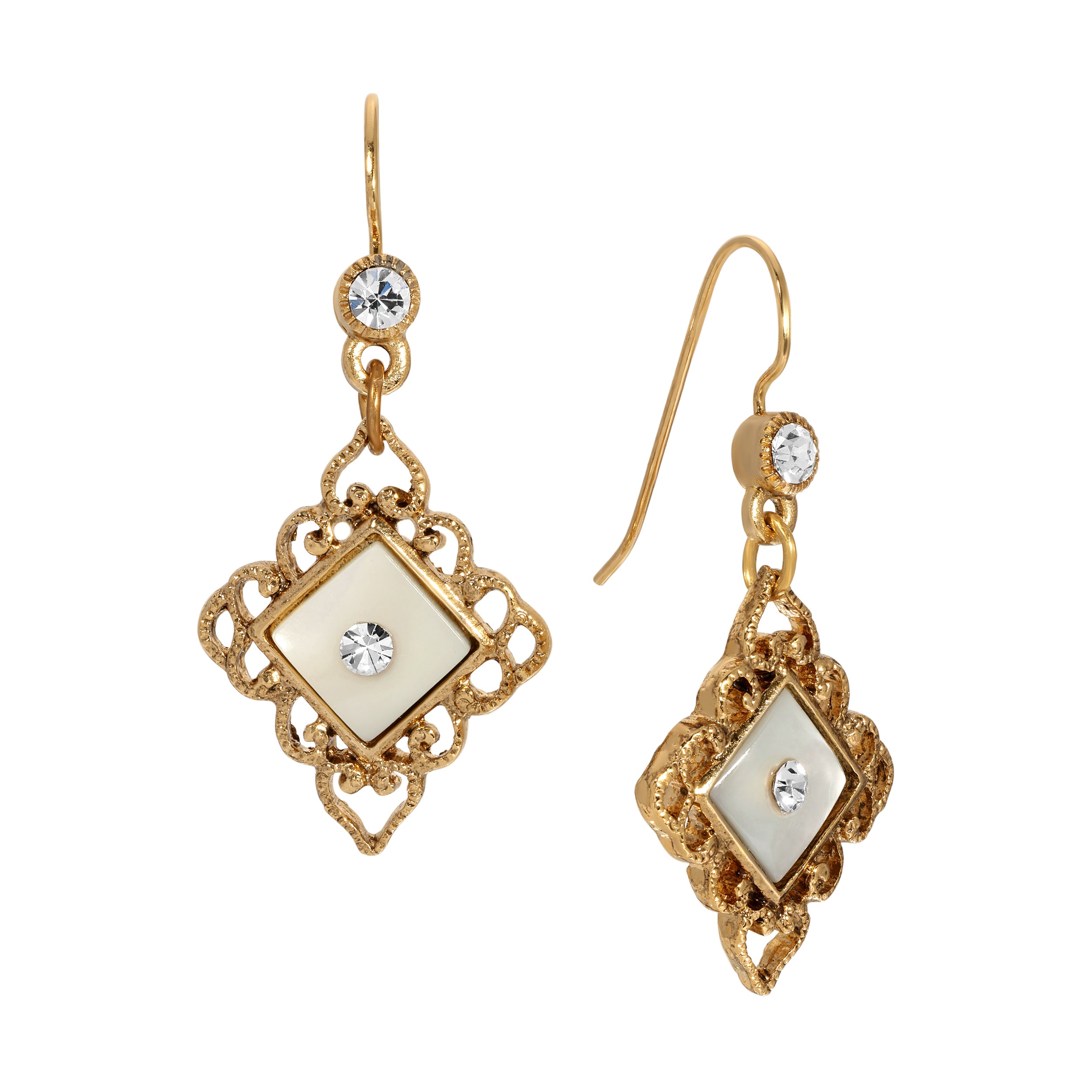Gold Filigree & Diamond Shaped Mother of Pearl Gemstone Drop Earrings