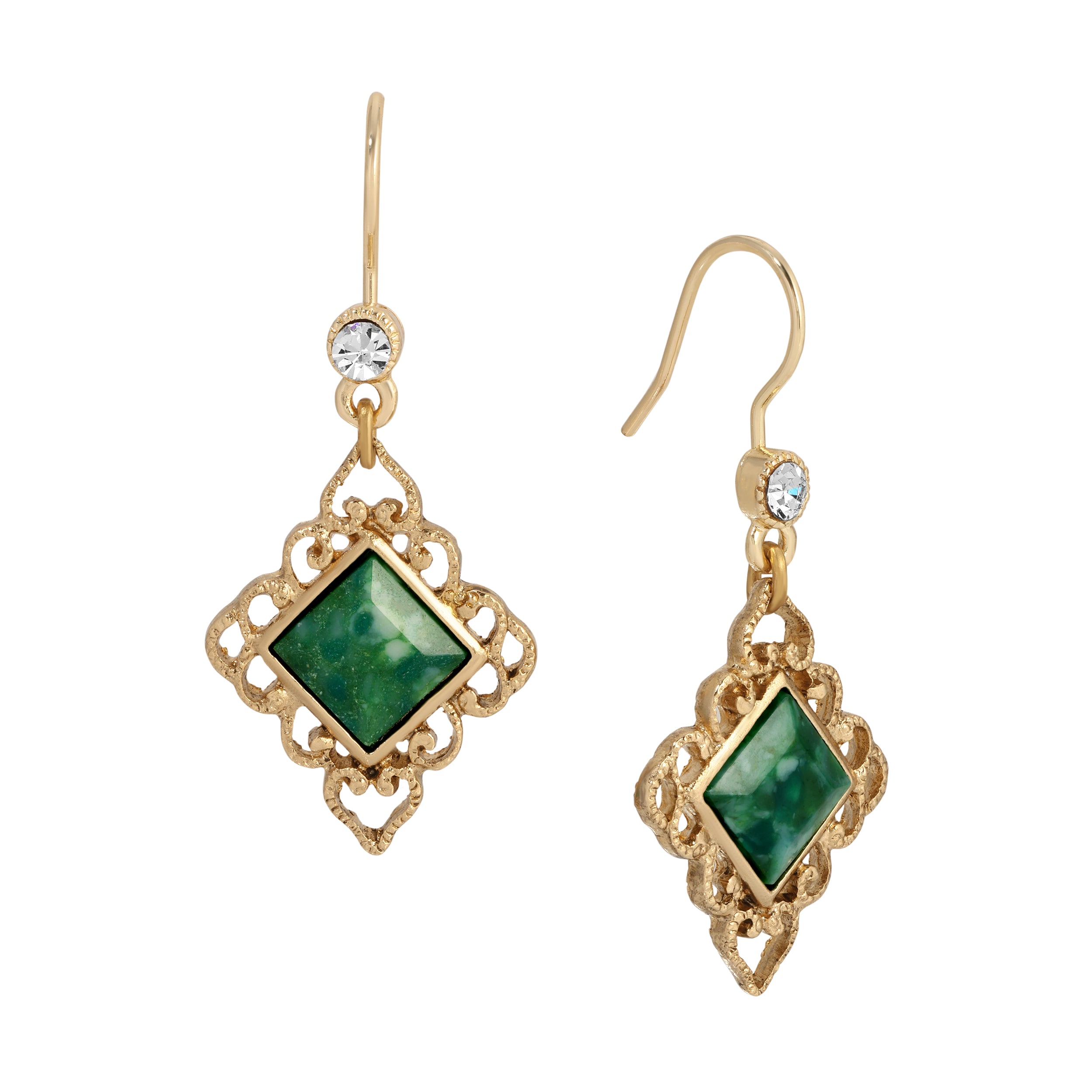 Gold Filigree & Diamond Shaped Green Malachite Gemstone Drop Earrings